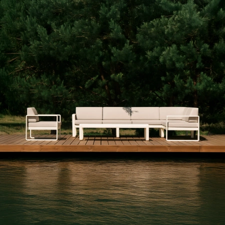 SOFA NAROŻNA MODUŁOWA 3-OSOBOWA LEWA Z PUFĄ NOMAD Złamana Biel / Taupe